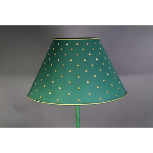 519 - A GREEN ENAMELLED METAL TABLE LAMP, with gilt metal large ribbon bow decoration and the shade, 31 ½