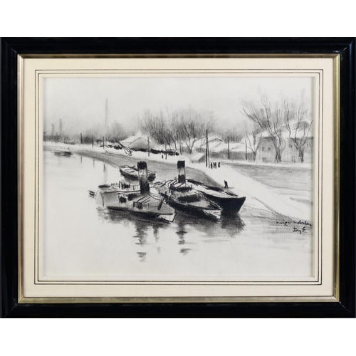 512 - MARCEL DYF (1899-198) charcoal drawing ‘Steam Tugs Moored on a Riverside in Winter’ Signed lower rig... 