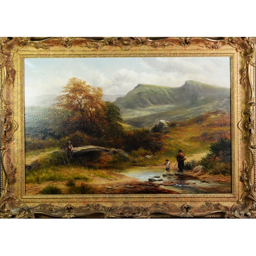 504 - GEORGE TURNER (1843-1910)Oil painting mountainous landscape with stream and bridge, woman and child ... 