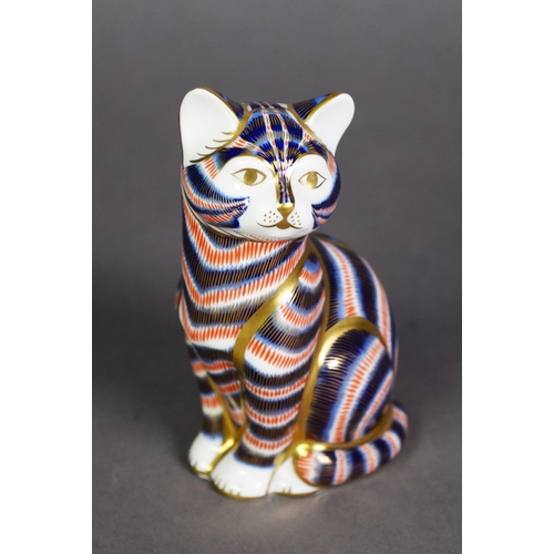 540 - ROYAL CROWN DERBY PAPERWEIGHT, in the form of an Imari decorated seated cat, with gold button, 5” (1... 