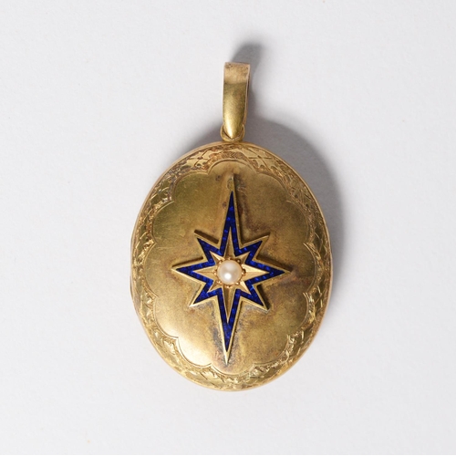 116 - VICTORIAN GOLD COLOURED METAL OVAL LOCKET PENDANT, the font applied with a blue enamelled star burst... 