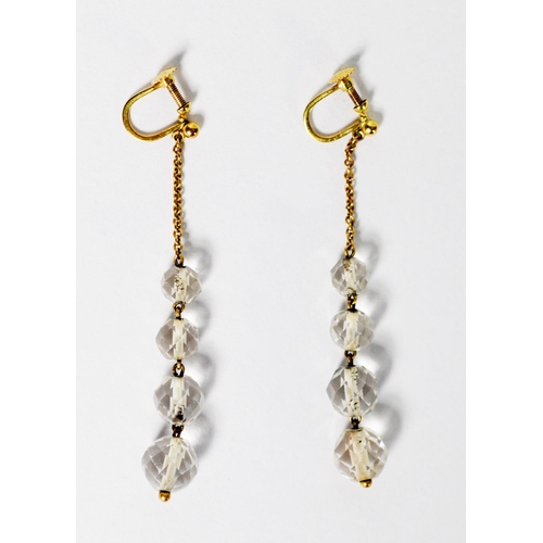 122 - PAIR OF 9ct GOLD SCREW-FASTENING DROP EARRINGS, with fine chain suspending four faceted crystal bead... 