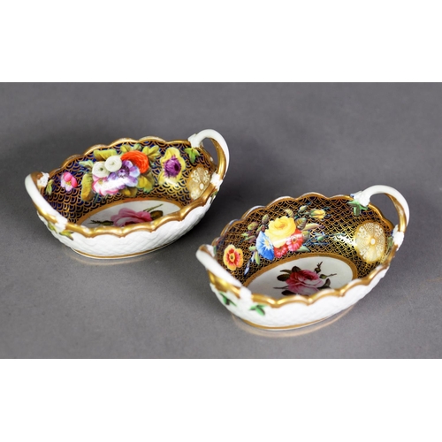 531 - PAIR OF SPODE 19TH CENTURY PORCELAIN SMALL TWO HANDLED OVAL BOWLS, the exterior osier moulded, the i... 