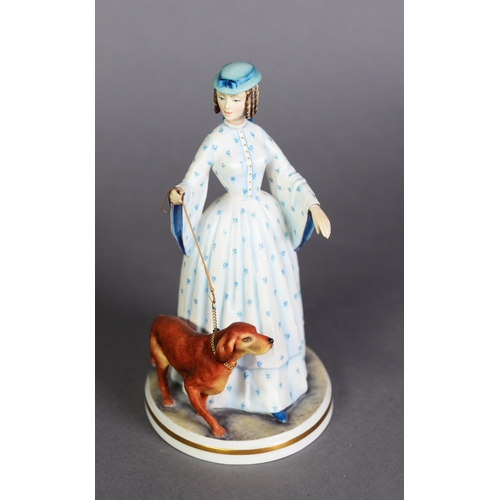 534 - ROYAL WORCESTER CHINA RONALD VAN RUYCKWELT FIGURE, ‘Felicity’, no. 412, lady with her dog on a lead