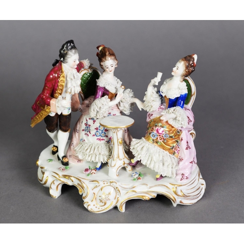 535 - ITALIAN CAPO DI MONTE CHINA LACE GROUP of a courtier and two seated ladies round a small table, on r... 