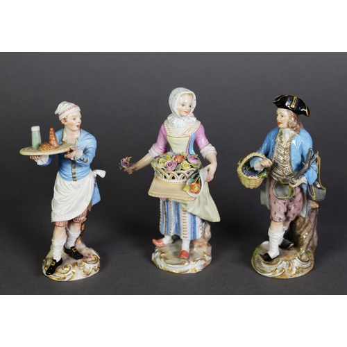 536 - SET OF THREE LATE 19TH CENTURY MEISSEN PORCELAIN FIGURES, vendors of Paris – waiter carrying a tray,... 