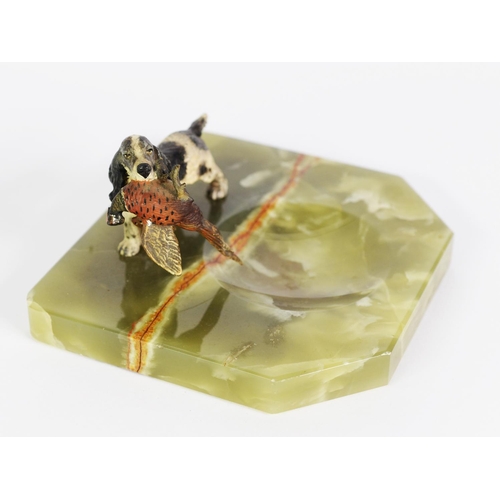 537 - LARGE GREEN ONYX ASHTRAY, rectangular with canted front corners, surmounted by a cold painted bronze... 