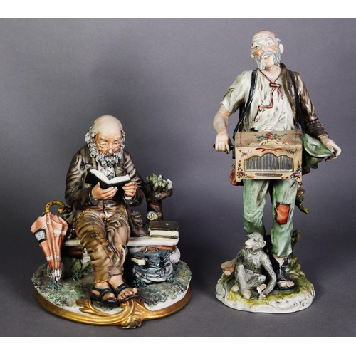 546 - CAPO DI MONTE, ITALIAN PORCELAIN GROUP, old man seated on a bench reading a book, on circular base, ... 