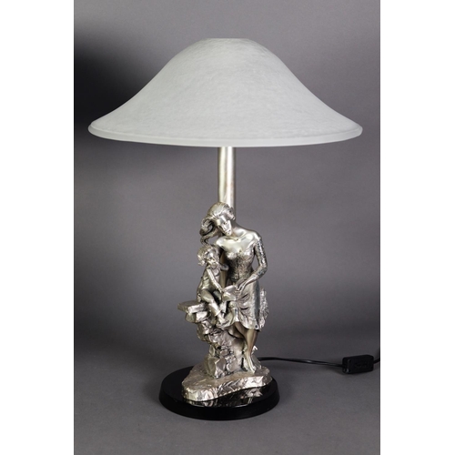 521 - TWO CASED SILVER FIGURAL BEDSIDE LAMPS, in the form of a young woman seated on a wall reading to a y... 