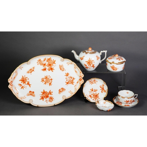 550 - HEREND, HUNGARIAN HAND-PAINTED PORCELAIN TEA FOR TWO SET of 7 pieces, including the tray, decorated ... 