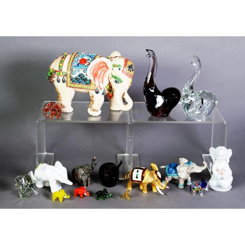 559 - COLLECTION OF 16 VARIOUS MODELS OF ELEPHANTS in glass, porcelain, metal, hardstone, etc.