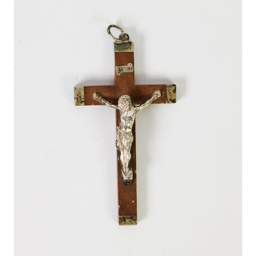 75 - OLD WOODEN CRUCIFIX PENDANT with silver coloured metal mounts and figure of Christ, ring hanger, 3 1... 