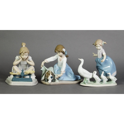 573 - THREE LLADRO FIGURE GROUPS, Girl with Geese and Goslings, Bedtime for Bloodhound, and Girl with Kitt... 