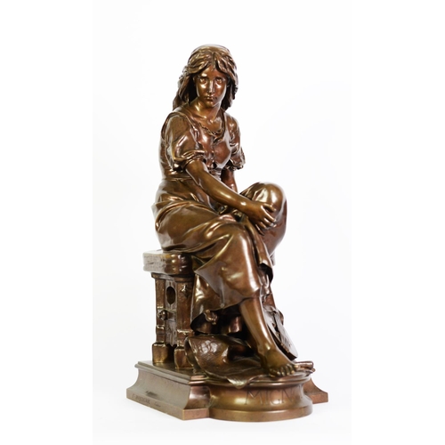 490 - EUGÈNE AIZELIN, BARBEDIENNE BRONZE MIGNON, a seated female figure, barefoot and wearing a headscarf,... 