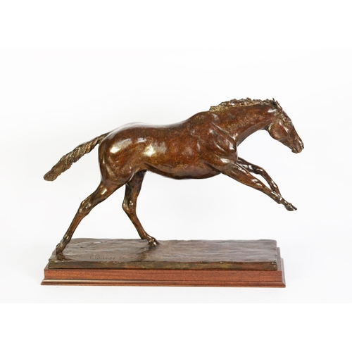 491 - PHILIP BLACKER (1949), BRONZE MODEL OF A RACEHORSE IN GALLOPING POSE, with front legs off the ground... 