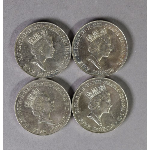 61 - FOUR ELIZABETH II FIVE POUND CROWNS, issued to commemorate the Queen's 70th Birthday, 1926 - 1996; T... 