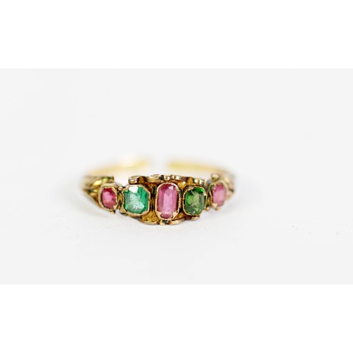 88 - VICTORIAN 9ct GOLD RING set with three red and two green stones, Birmingham 1861, 1gm, ring size M, ... 