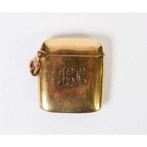 110 - 9ct GOLD VESTA BOX, plain rectangular and cushion shaped, with ring hanger, with engraved initials J... 