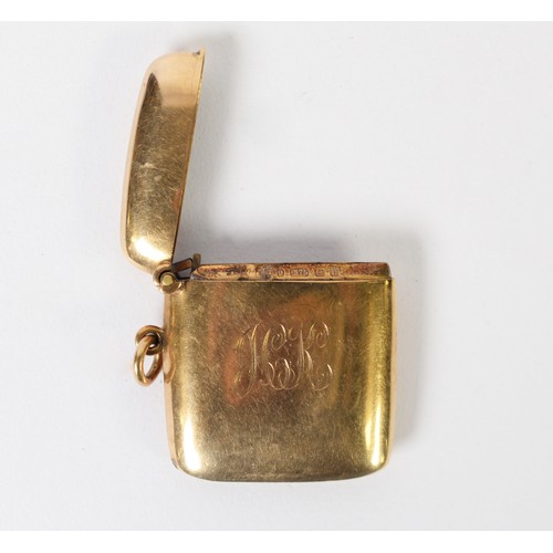 110 - 9ct GOLD VESTA BOX, plain rectangular and cushion shaped, with ring hanger, with engraved initials J... 