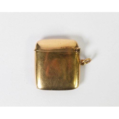 110 - 9ct GOLD VESTA BOX, plain rectangular and cushion shaped, with ring hanger, with engraved initials J... 