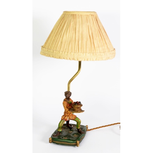 49 - MODERN MONKEY PATTERN COMPOSITION TABLE LAMP, modelled dressed and standing, holding a bowl of fruit... 