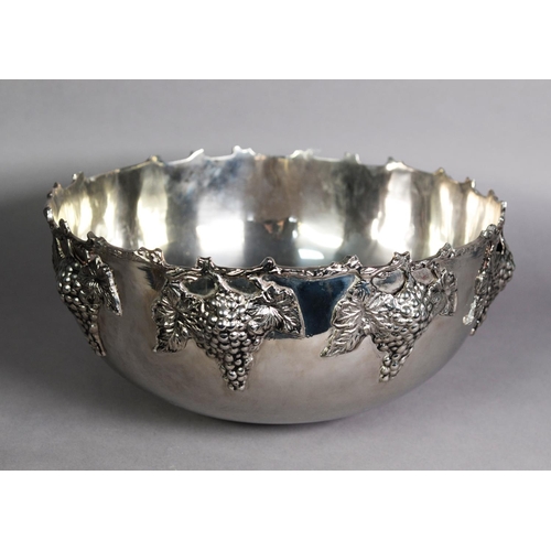 335 - LARGE SILVER PLATED PUNCH BOWL with fruiting vine embossed exterior and shaped rustic edge, 14 1/2in... 