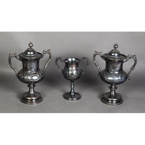 334 - PAIR OF LATE 19th/EARLY 20th CENTURY EPBM TWO HANDLED TROPHY CUPS AND COVERS, with foliate scroll em... 