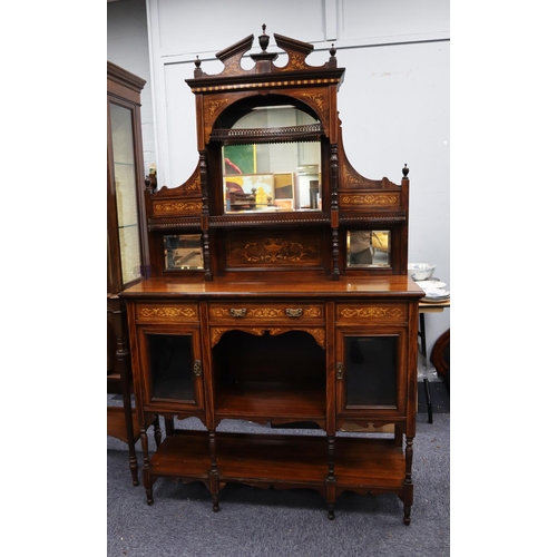 57 - EDWARDIAN INLAID ROSEWOOD SIDE CABINET, the mirrored back with bevel edged oblong plate, enclosed by... 