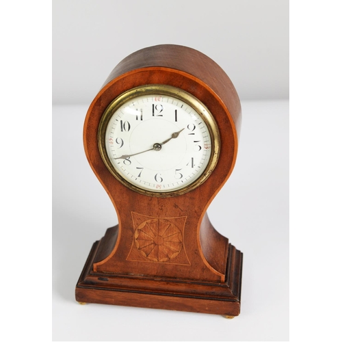 6 - EARLY 20th CENTURY INLAID MAHOGANY BALLOON SHAPED MANTEL CLOCK, having drum shaped movement, convex ... 