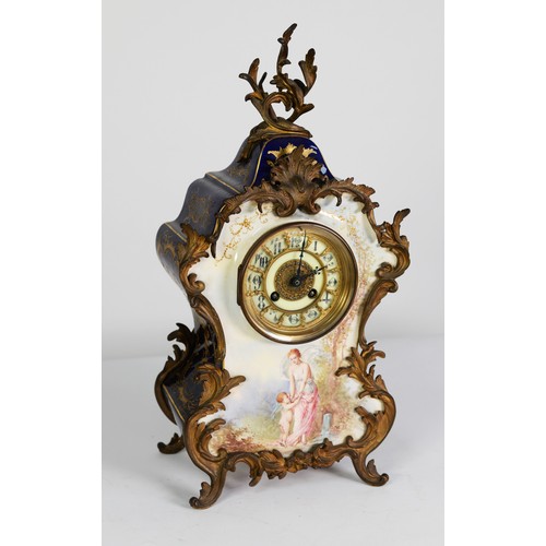 15 - 19TH CENTURY FRENCH PORCELAIN ROCOCO MANTEL CLOCK, the Arabic numeral dial set with marcasite and mo... 