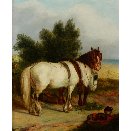 336 - F. BROWN (NINETEENTH CENTURY) OIL PAINTING ON RELINED CANVASTwo farm horses in a landscape Signed an... 