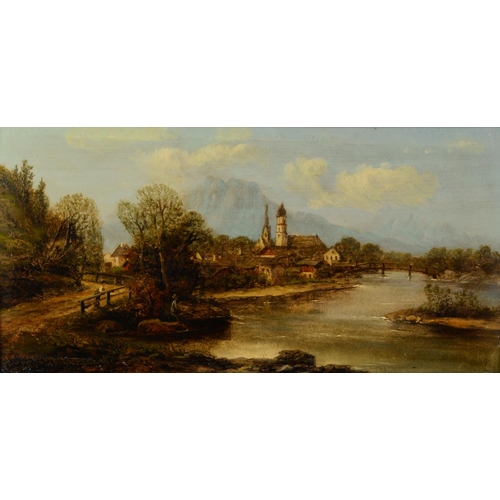 337 - C VICCINO PAIR OF OIL PAINTINGS ON PANELS Continental landscape with river, bridge and town, man fis... 