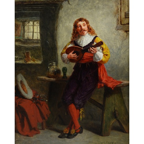 338 - JOHN WATKINS CHAPMAN (1853-1903) OIL PAINTING ON PANEL ‘A Solo’, interior with cavalier playing a ma... 