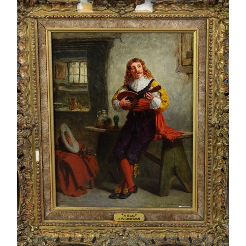 338 - JOHN WATKINS CHAPMAN (1853-1903) OIL PAINTING ON PANEL ‘A Solo’, interior with cavalier playing a ma... 