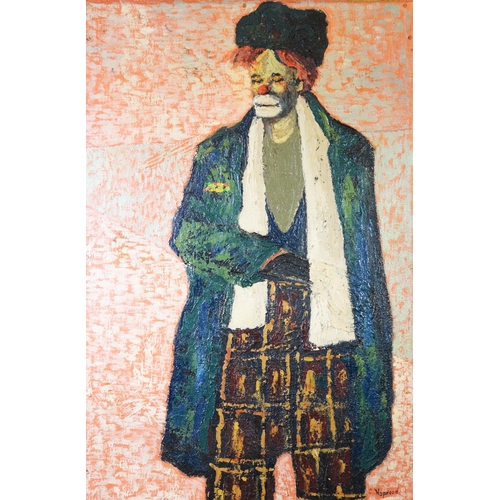 54 - C HOPWOOD (TWENTIETH CENTURY) IMPASTO OIL ON BOARD Three quarter length portrait of a clownSigned 36... 