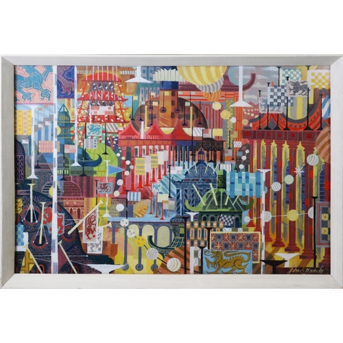 111 - JOHN E MUNDY (TWENTIETH CENTURY) OIL ONBOARD Semi abstract with architecture and flags Signed and da... 