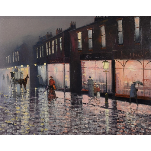 51 - BARRY HILTON (b.1941) OIL ON CANVAS Bygone street scene on rainy evening Signed 15 ½” x 19 ¾” (39.3c... 