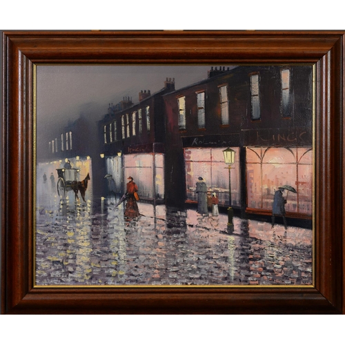 51 - BARRY HILTON (b.1941) OIL ON CANVAS Bygone street scene on rainy evening Signed 15 ½” x 19 ¾” (39.3c... 