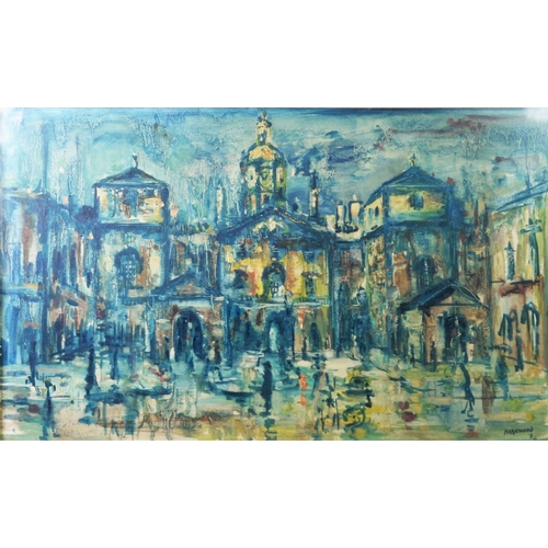 56 - LAWRENCE ISHERWOOD (1917-1988) MIXED MEDIA ON BOARD‘Rain, Horse Guards, London’ Signed and dated (19... 