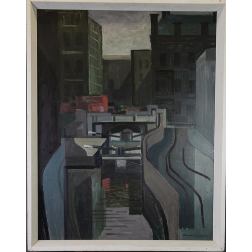 63 - NORMAN JAQUES (1922-2014)OIL ON BOARD‘Princess Street Canal Bridge’, Manchester Signed, titled to sw... 