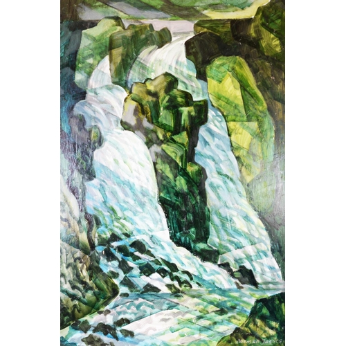 61 - NORMAN JAQUES (1922-2014) OIL ON BOARD‘Waterfall’ Signed, titled to label verso 35” x 23” (88.9cm x ... 