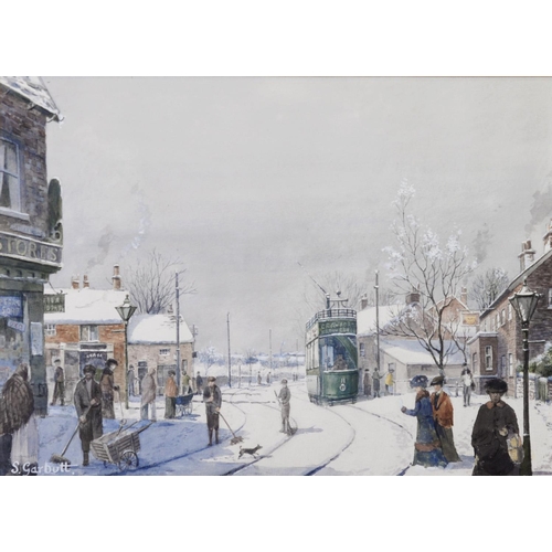 26 - STEPHEN GARBUTT (TWENTIETH CENTURY) TWO WATERCOLOURS Bygone street scenes with figuresSigned 12” x 1... 