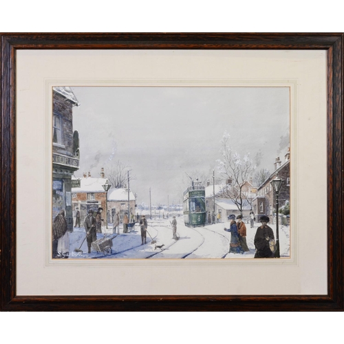 26 - STEPHEN GARBUTT (TWENTIETH CENTURY) TWO WATERCOLOURS Bygone street scenes with figuresSigned 12” x 1... 