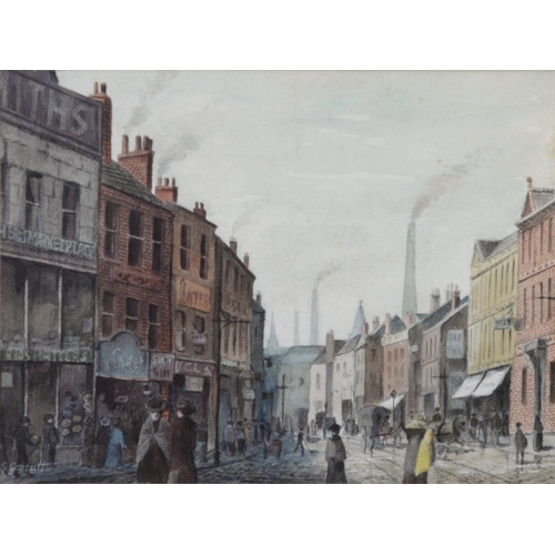 26 - STEPHEN GARBUTT (TWENTIETH CENTURY) TWO WATERCOLOURS Bygone street scenes with figuresSigned 12” x 1... 