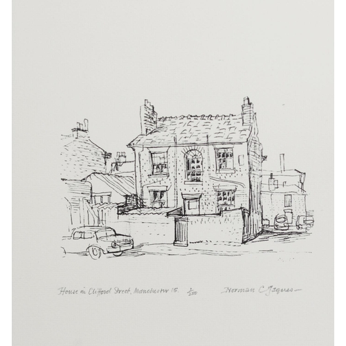 72 - NORMAN JAQUES (1922-2014) EIGHT SIGNED AND TITLED PRINTS OF PEN AND INK SKETCHES‘Back of Oxford Road... 