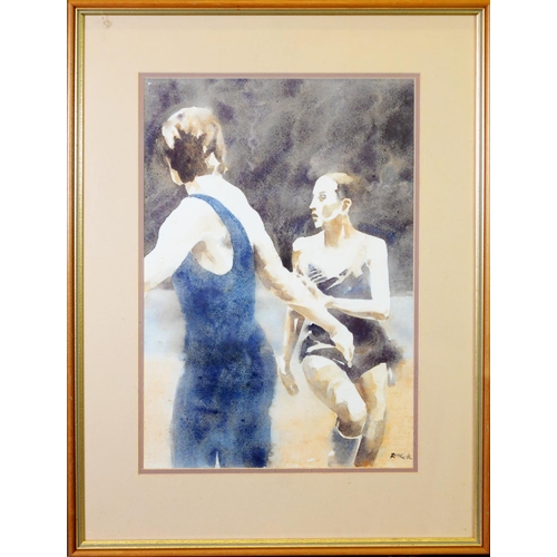 94 - ROGER KIRK (TWENTIETH/ TWENTY FIRST CENTURY)WATERCOLOUR Two figures Signed, bears artist label verso... 