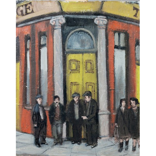 42 - ROGER HAMPSON (1925 - 1996) OIL PAINTING ON BOARD The George, Bolton, figure waiting for a pub to op... 