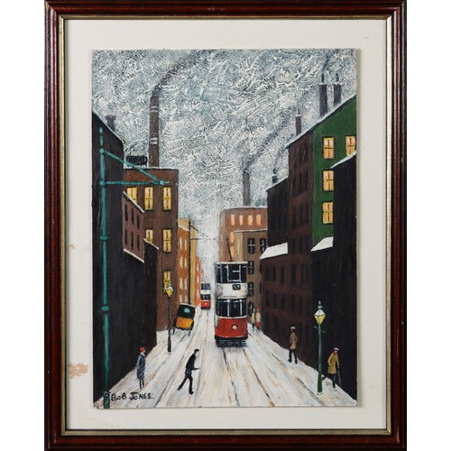 89 - BOB JONES (b. 1937) OIL PAINTING ON BOARDNorthern Street Scene with TramsSigned 12” x 9” (30.5cm x 2... 