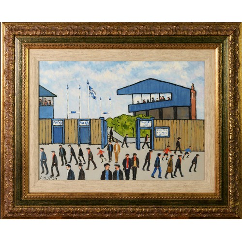 92 - CHARLES M JONES (1923-2008) OIL ON BOARD Swinton Rugby Ground Signed 11 ¼” x 15 ½” (28.6cm x 39.3cm)... 