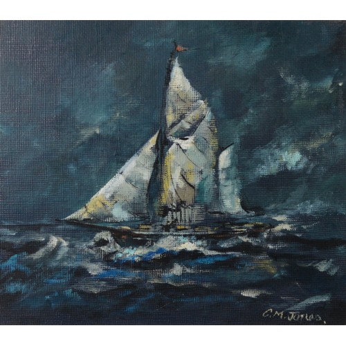 93 - CHARLES M JONES (1923-2008) OIL ON BOARD Yacht under sail on rough waterSigned 13 ½” x 15 ½” (34.3cm... 